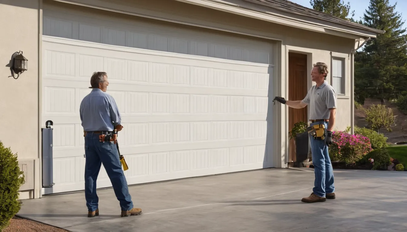 A local provider checking the torsion spring above a home garage door in the Lakewood area